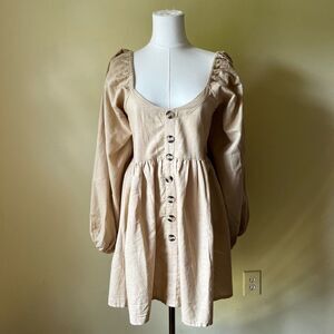 Bali Elf NEW Chloie Empire Waist Linen Mini Dress Puff Sleeve Weekend Beige XL